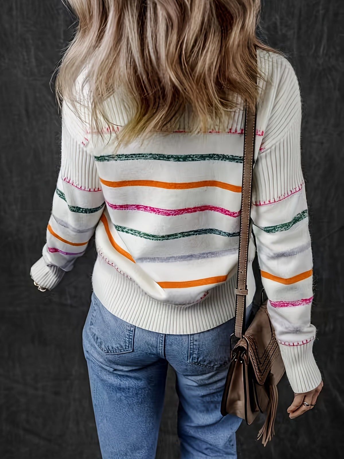 Womens Striped Round Neck Sweater with Soft Texture and Relaxed Fit in Cream Multicolor