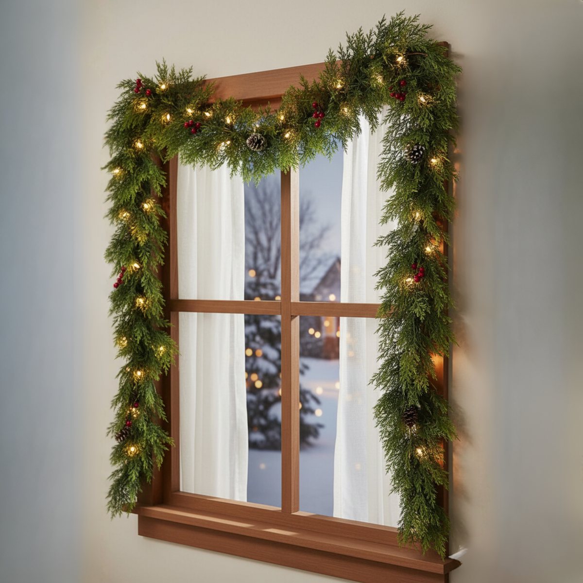 Two Piece Artificial Cedar Garland Set with Hand Tied Hanging Loops, Six Feet Long Each for Stairs and Mantels