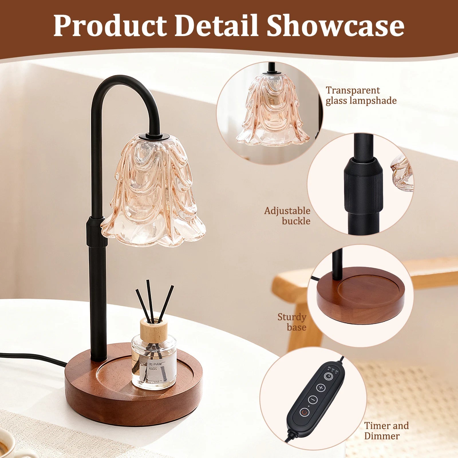Candle Warmer Lamp with Four Level Brightness and Adjustable Height, Flower Glass Shade