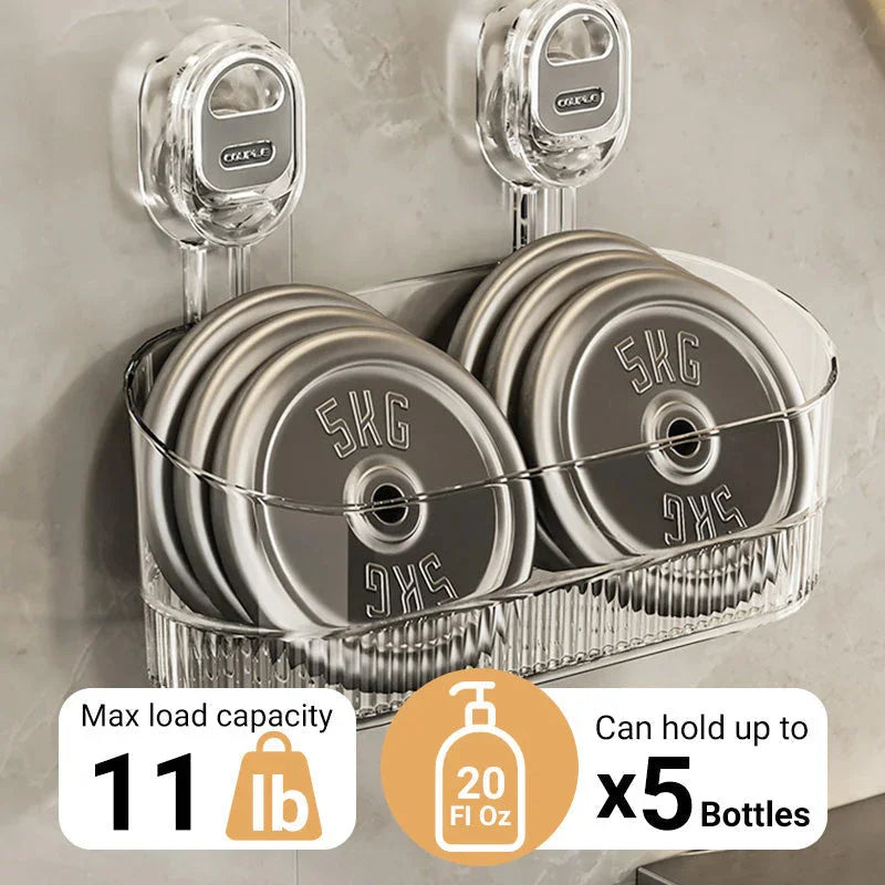 Wall-Mounted Suction Cup Bathroom Storage Rack with Open Basket Design