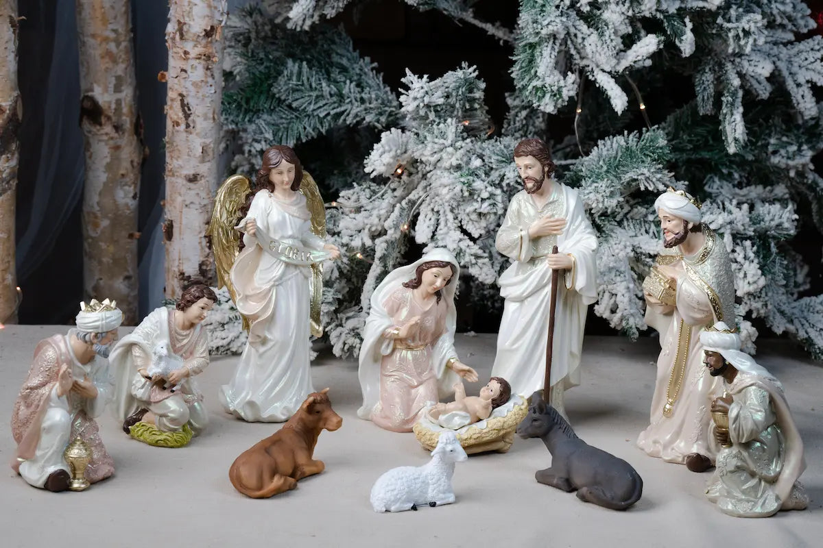 Eleven Piece Blush Pink and Ivory Nativity Set with a Gloria Banner Angel and a Pearlized Finish in Three Sizes