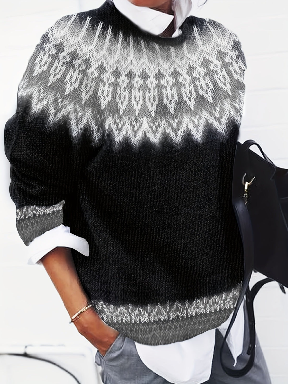 Womens Chunky Jacquard Round Neck Sweater with a Nature Inspired Pattern in Eight Colors
