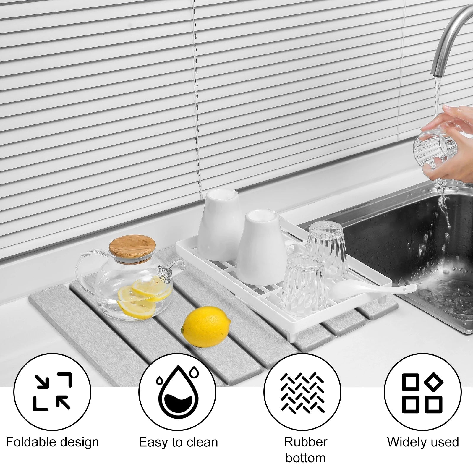 Absorbent Diatomite Stone Dish Drying Mat with Nonslip Rubber Base and Foldable Design