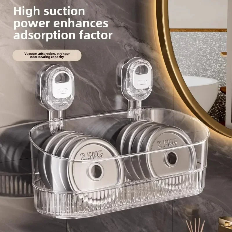 Wall-Mounted Suction Cup Bathroom Storage Rack with Open Basket Design