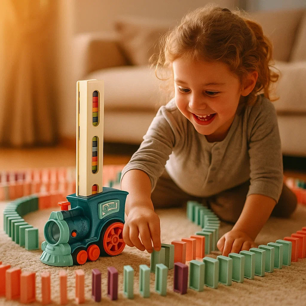 Motorized Domino Train with Automatic Placement and Multicolored Pieces