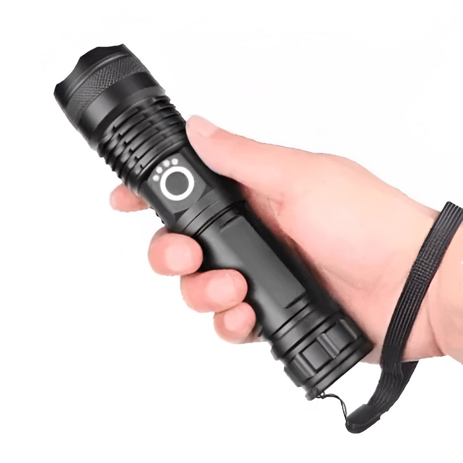 Rechargeable Flashlight with Telescopic Zoom and 90000 Lumen Output for Outdoor Camping