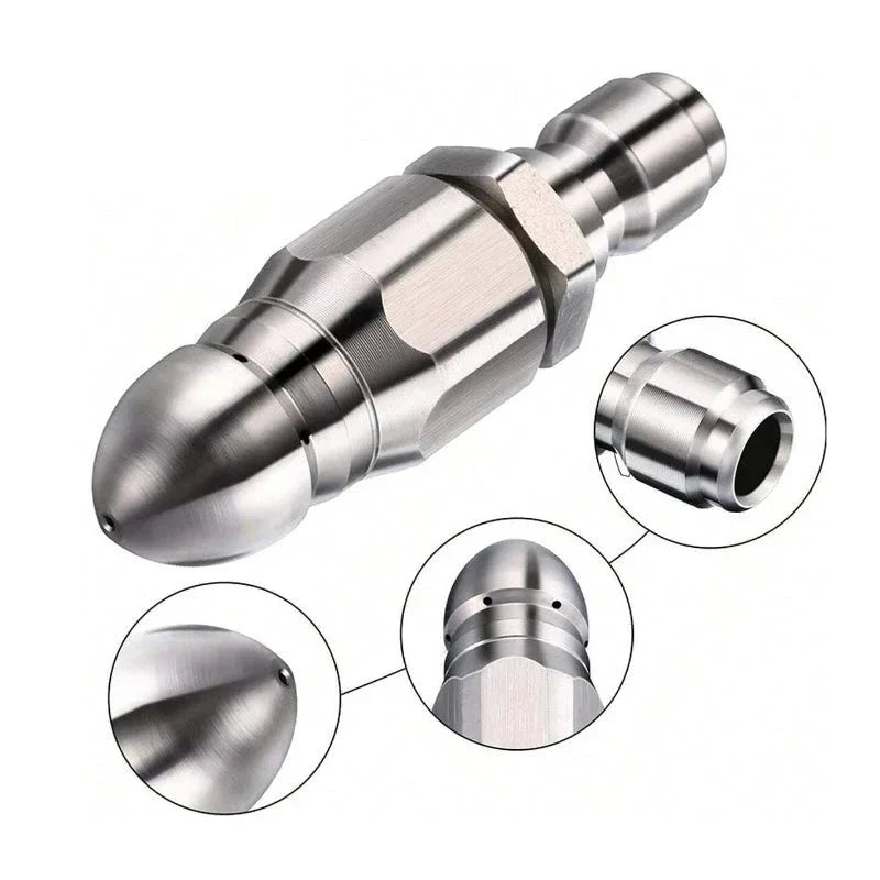 Stainless Steel Sewer Jetter Nozzle with Angled Water Jets and Pointed Tip