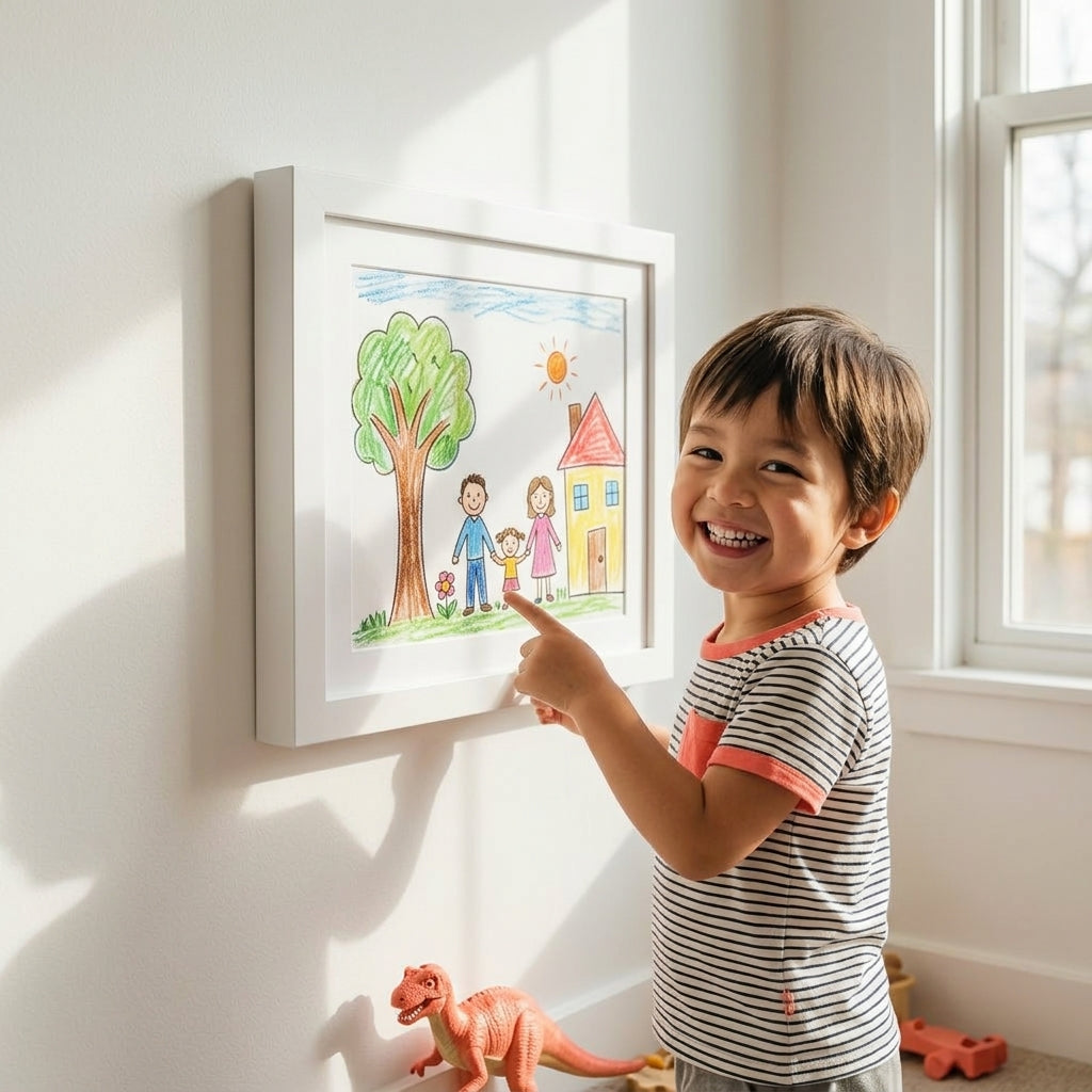 Wall Mount Artwork Display Frame with Magnetic Latch and Storage for 150 Drawings