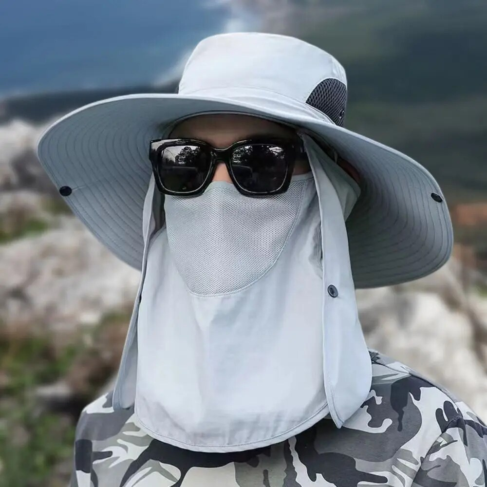 Wide Brim Fishing Hat with Mesh Ventilation and Adjustable Chin Strap, Water Resistant