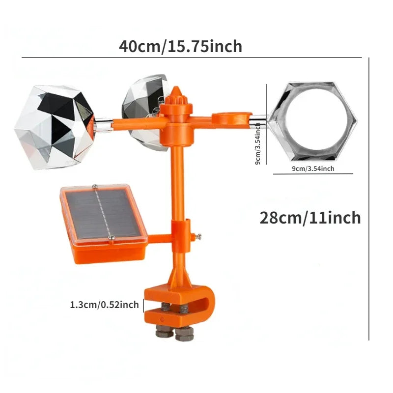 Solar Bird Repeller with Rotating Reflective Mirrors and Sound Alerts