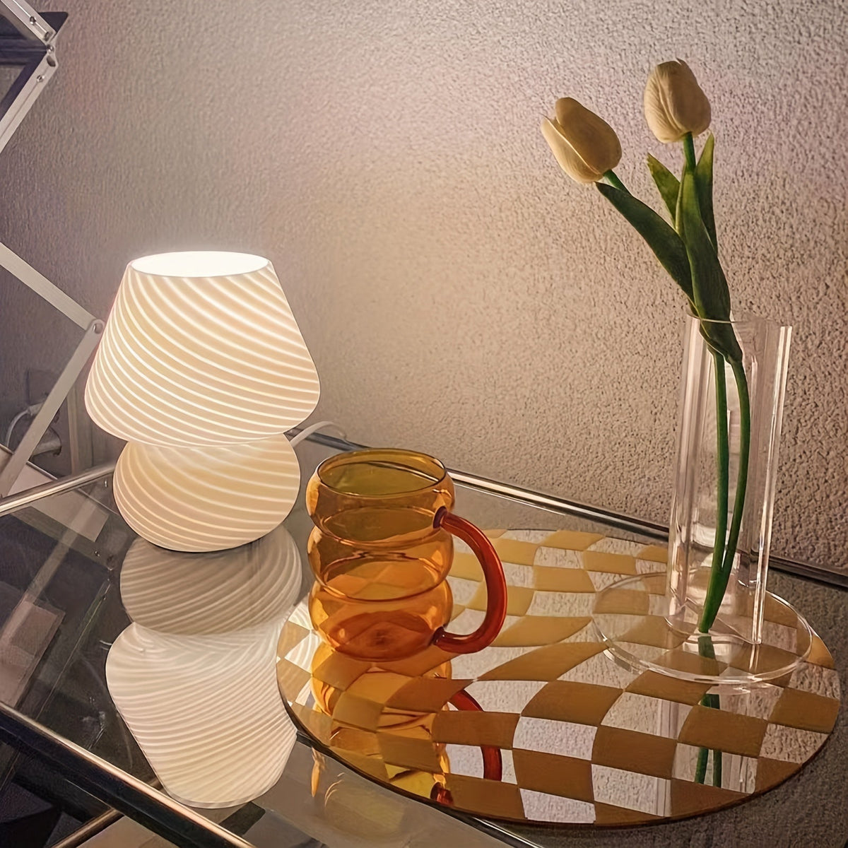 Hand Blown Glass Mushroom Lamp with Stepless Dimming and Integrated LED