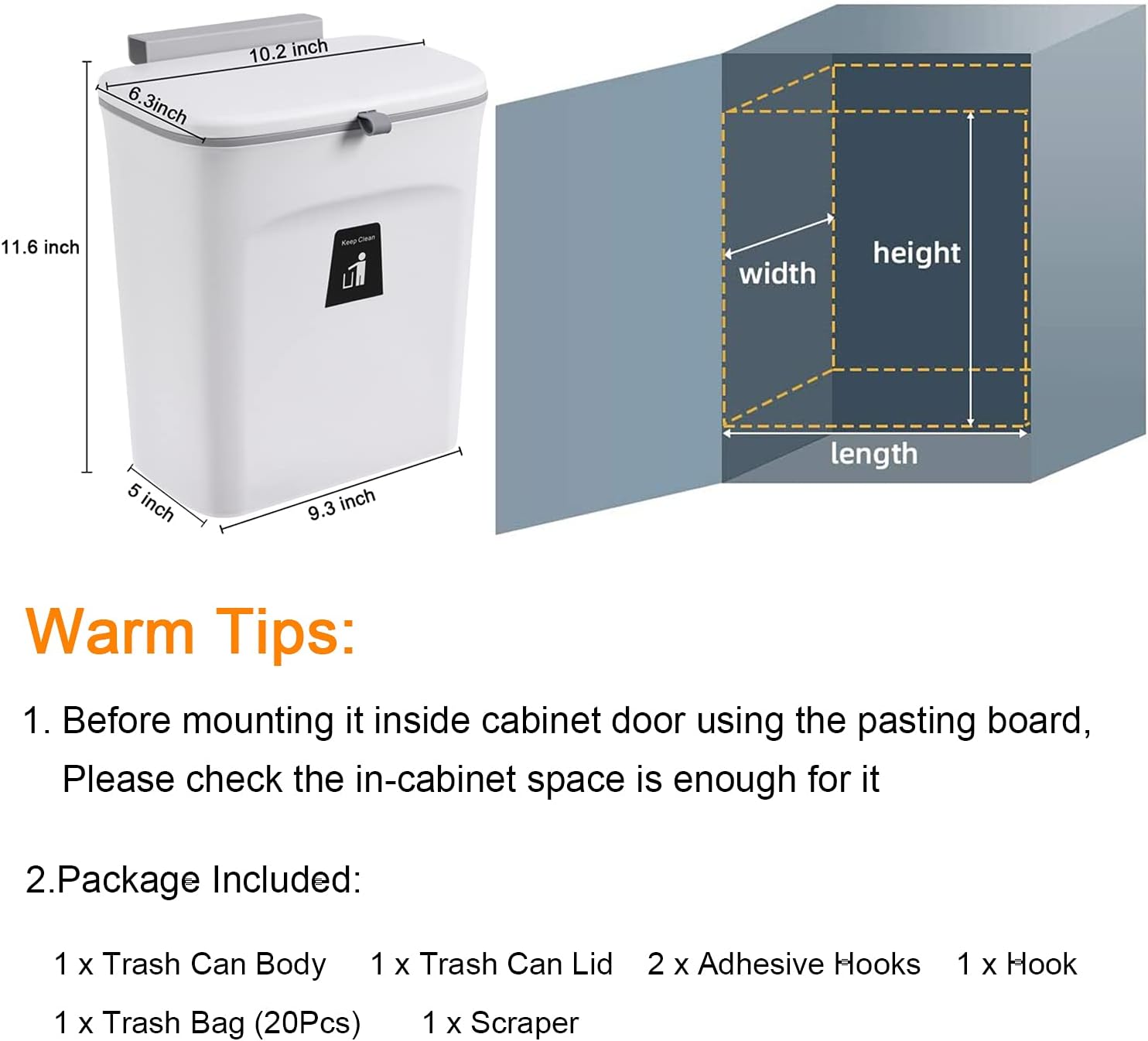 Kitchen Compost Bin with Rolling Airtight Lid and Mounting Hooks, 2.4 Gallon
