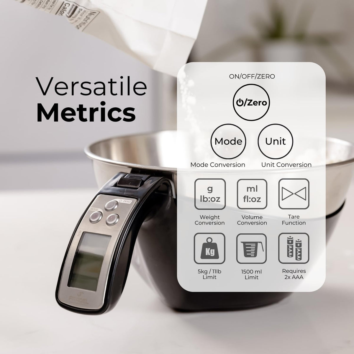 Digital Measuring Cup Scale with Stainless Steel Bowl and Backlit Display