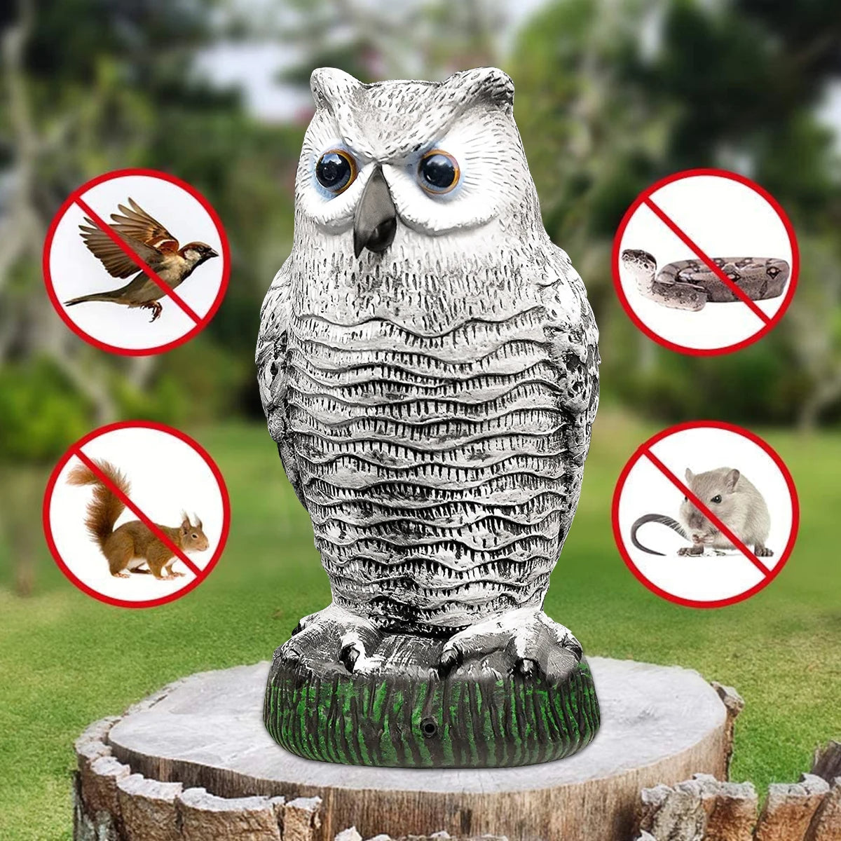 Owl Decoy with Rotating Head and Flashing Eyes, Sound Effects for Bird Control