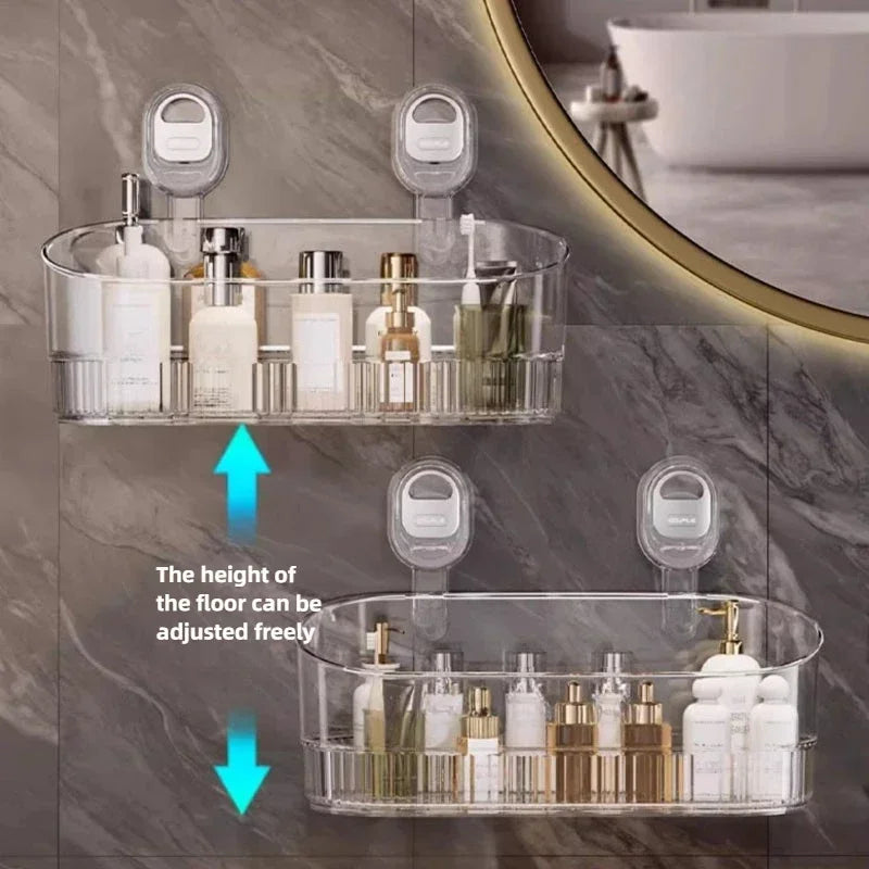 Wall-Mounted Suction Cup Bathroom Storage Rack with Open Basket Design