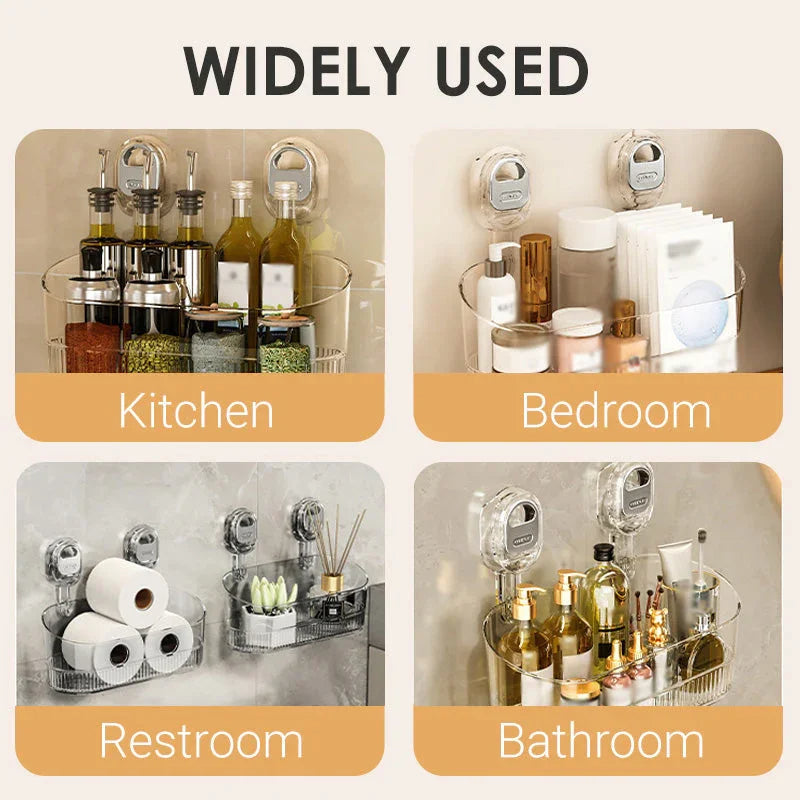 Wall-Mounted Suction Cup Bathroom Storage Rack with Open Basket Design