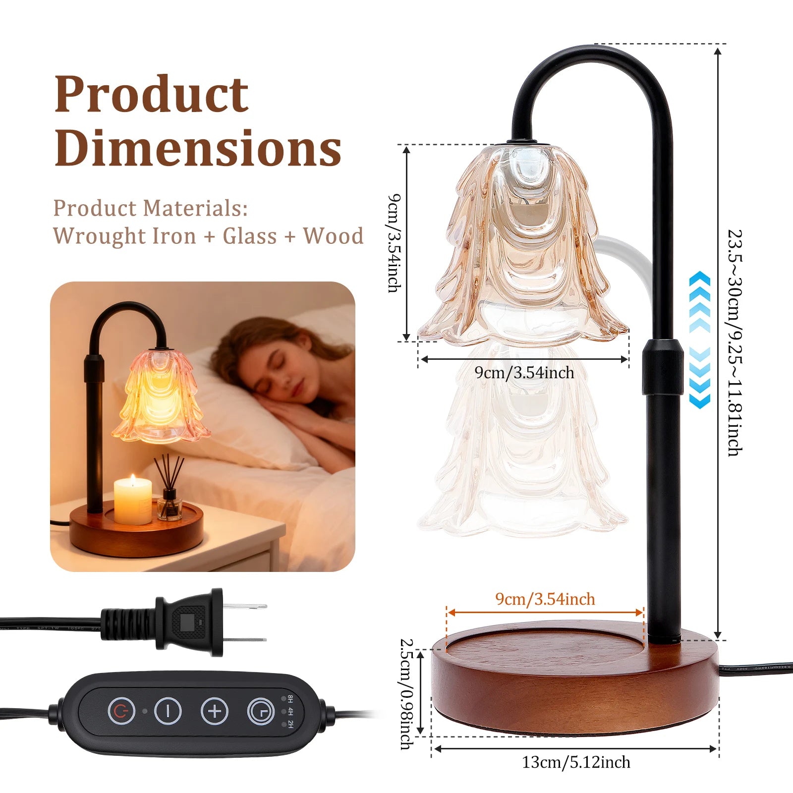 Candle Warmer Lamp with Four Level Brightness and Adjustable Height, Flower Glass Shade