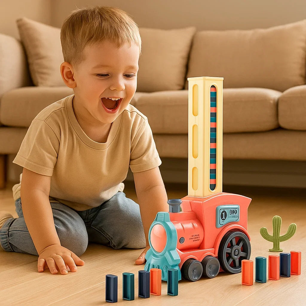 Motorized Domino Train with Automatic Placement and Multicolored Pieces