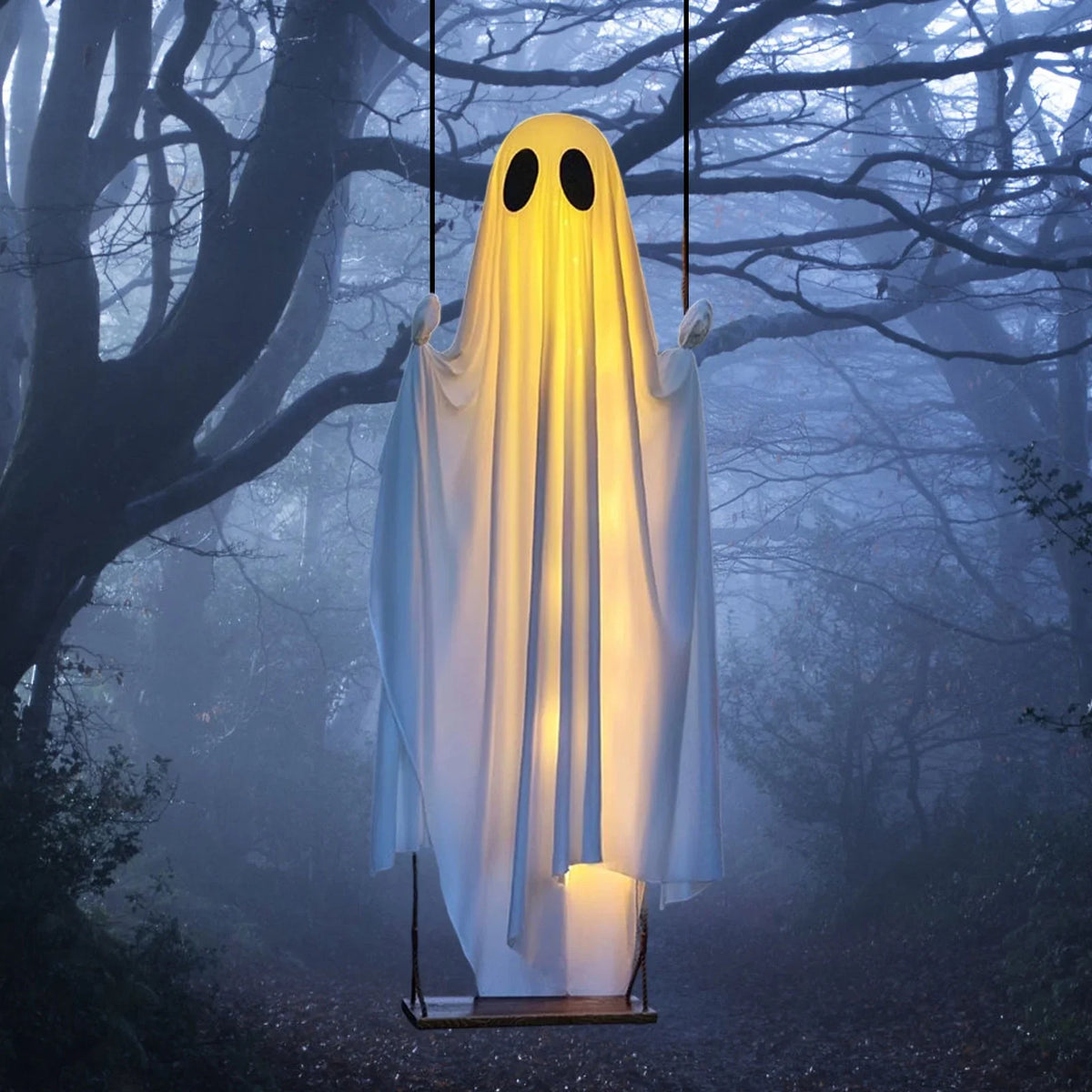 Hanging Ghost Swing with String Lights and Wooden Seat for Halloween