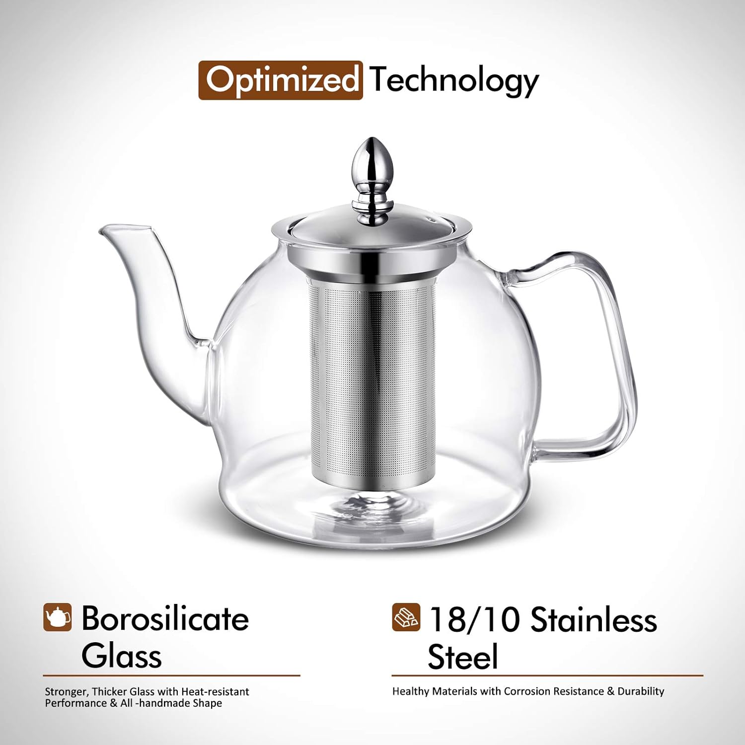 Glass Teapot 1000ml with Removable Stainless Steel Infuser and Non Drip Spout