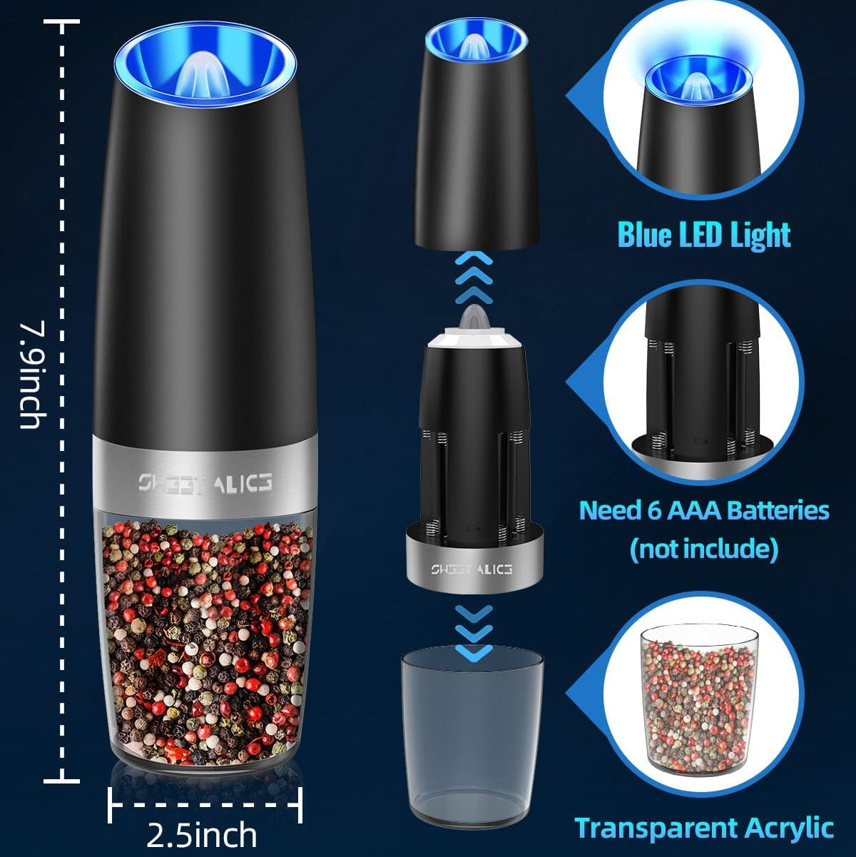 Gravity Sensor Salt and Pepper Grinder with Adjustable Ceramic Rotor and LED Light