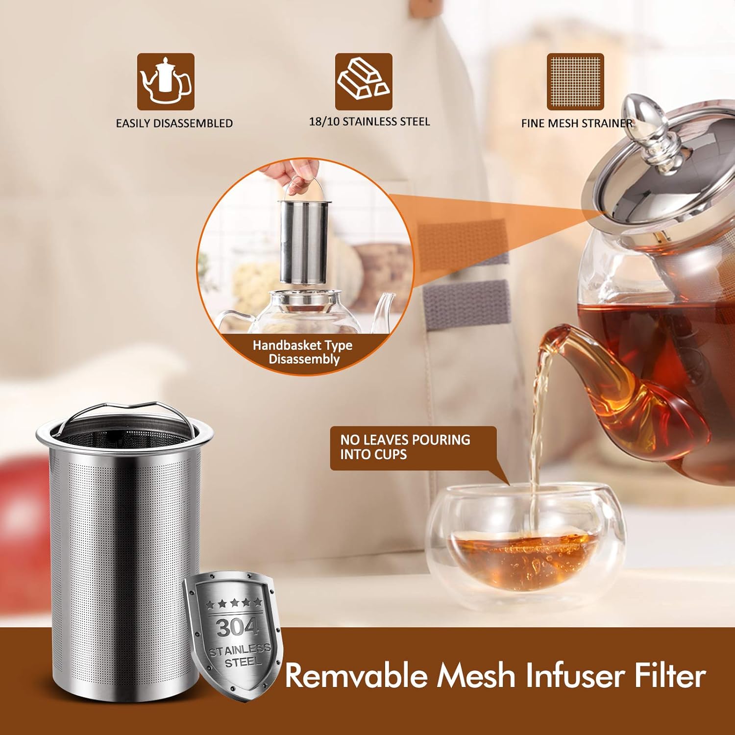 Glass Teapot 1000ml with Removable Stainless Steel Infuser and Non Drip Spout