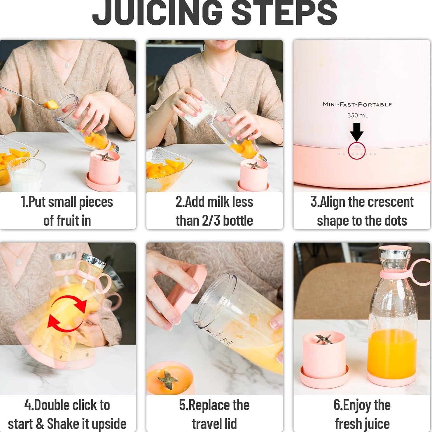 Portable Blender with Four-Blade System and Wireless Charging, 350ml