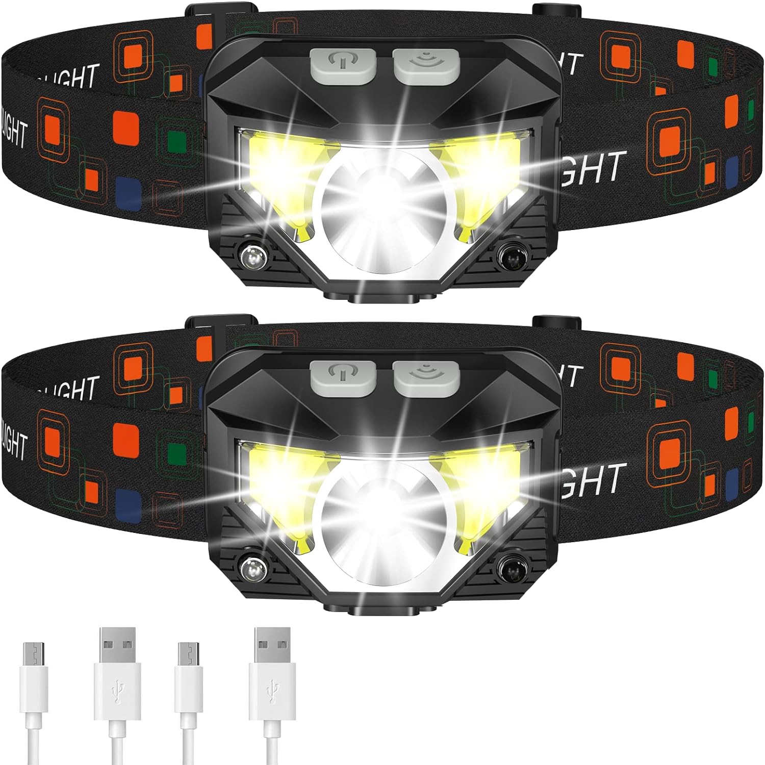 Rechargeable Headlamp with Motion Sensor and 1200 Lumens, 2-Pack