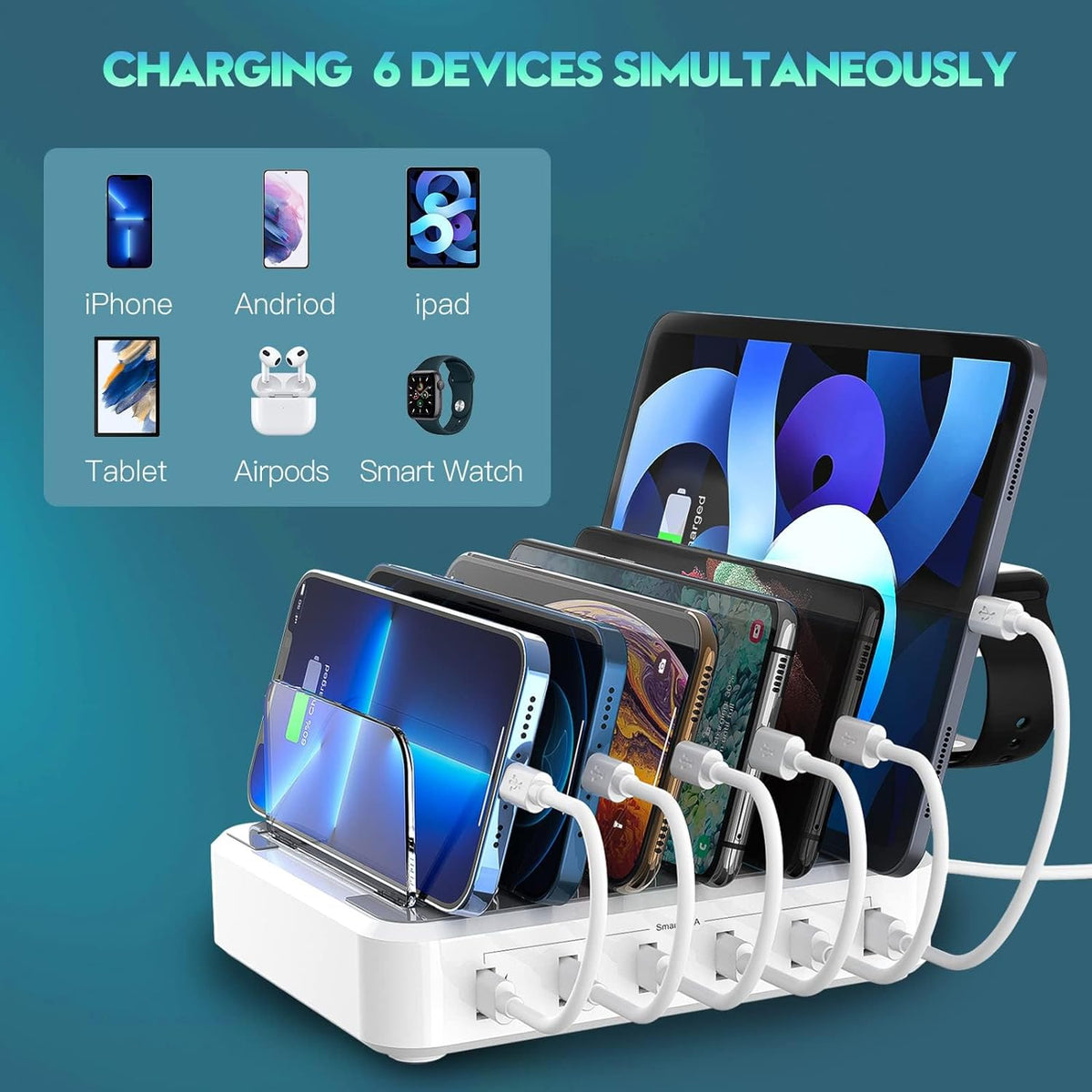 Six Port Charging Station with Smart Detection and Adjustable Dividers