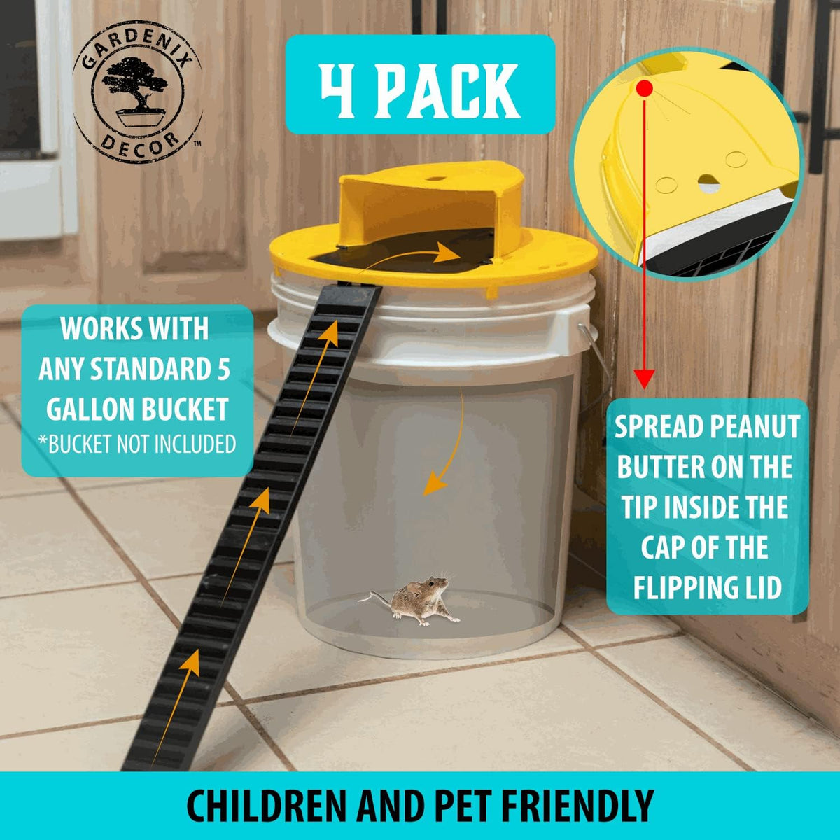 Bucket Lid Rodent Trap with Auto Reset and Ladder Bait System, 4-Pack