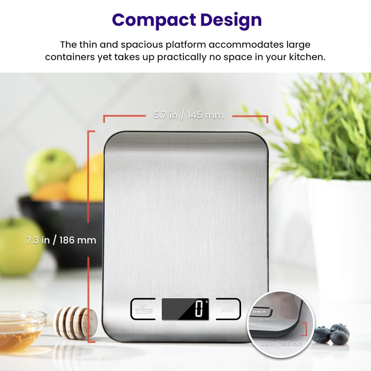 Kitchen Scale with Stainless Steel Platform and Backlit LCD Display, 5kg Capacity