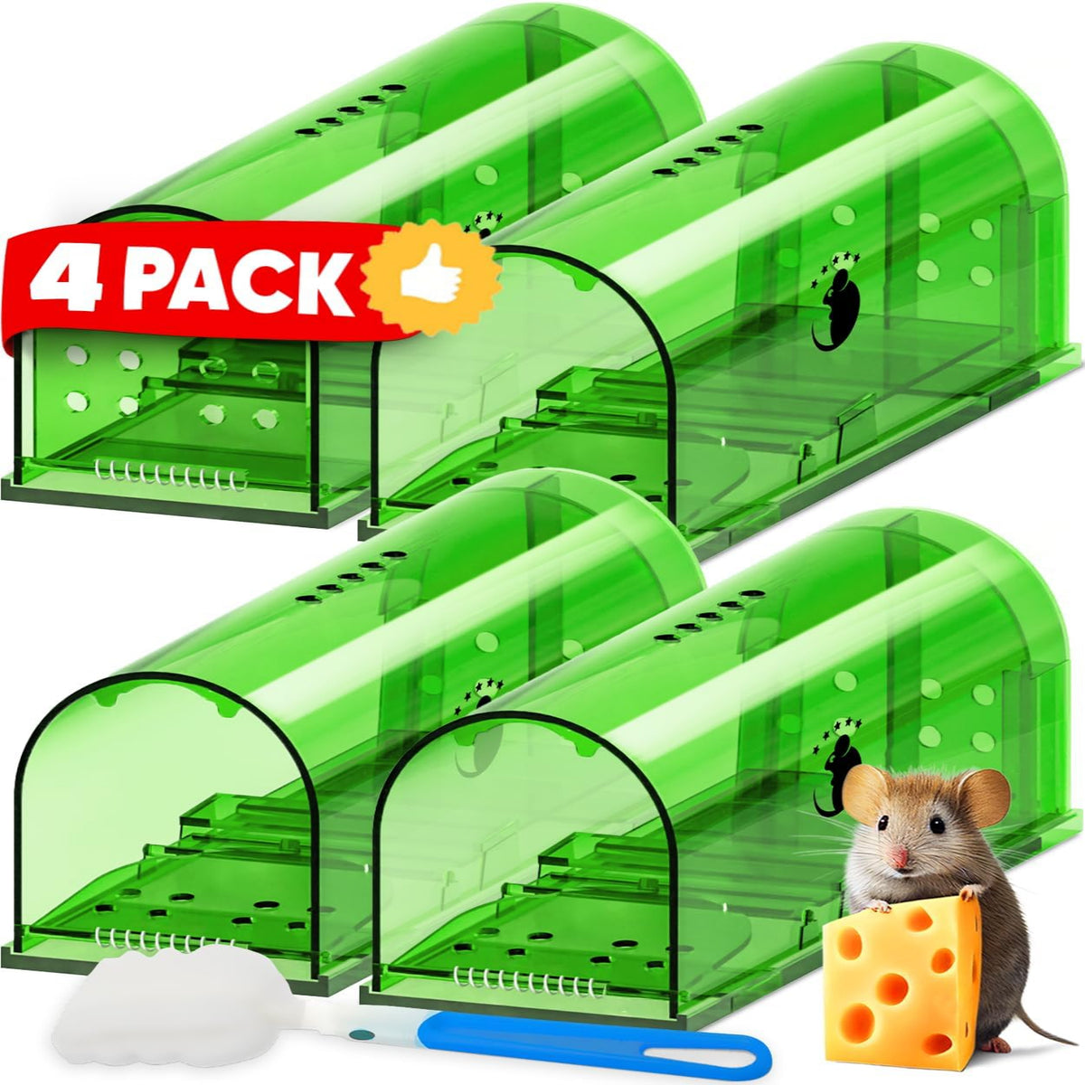 Live Mouse Trap with Clear Viewing Body and No-Touch Release, 4-Pack