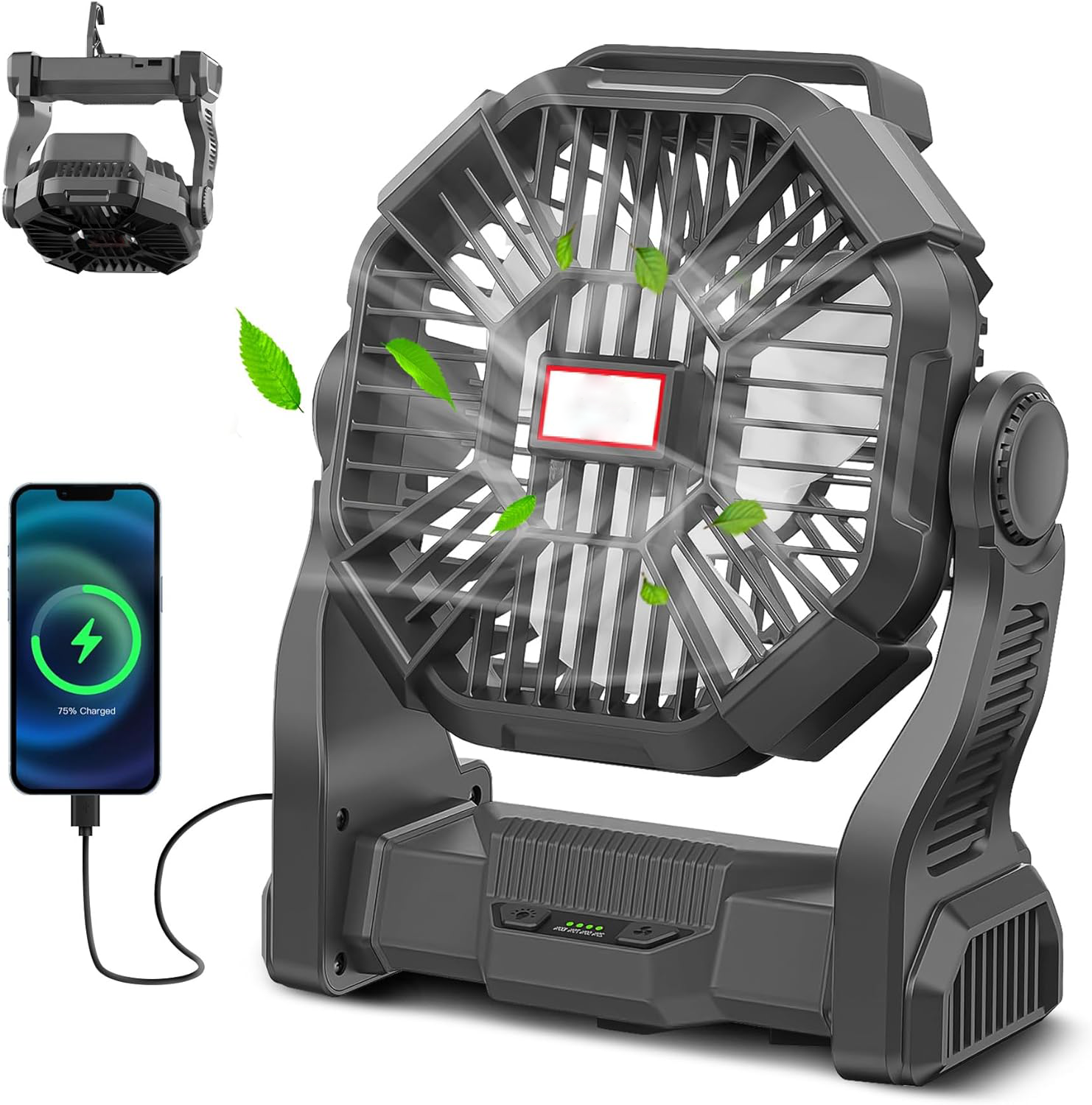 Rechargeable Camping Fan with LED Lantern and 36 Hour Runtime, 270 Rotation