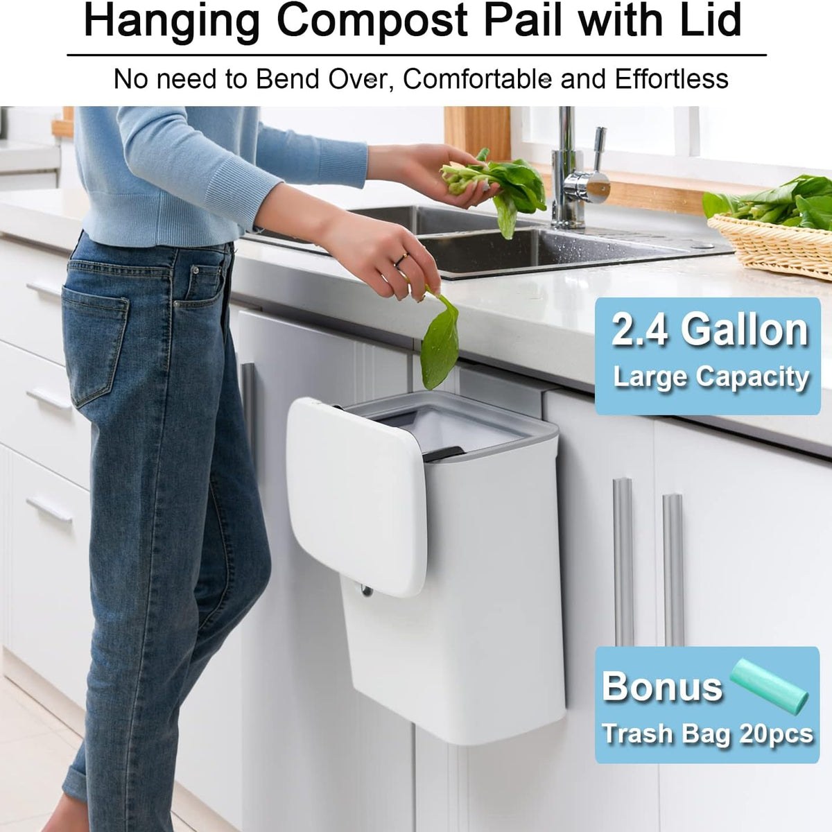 Kitchen Compost Bin with Rolling Airtight Lid and Mounting Hooks, 2.4 Gallon