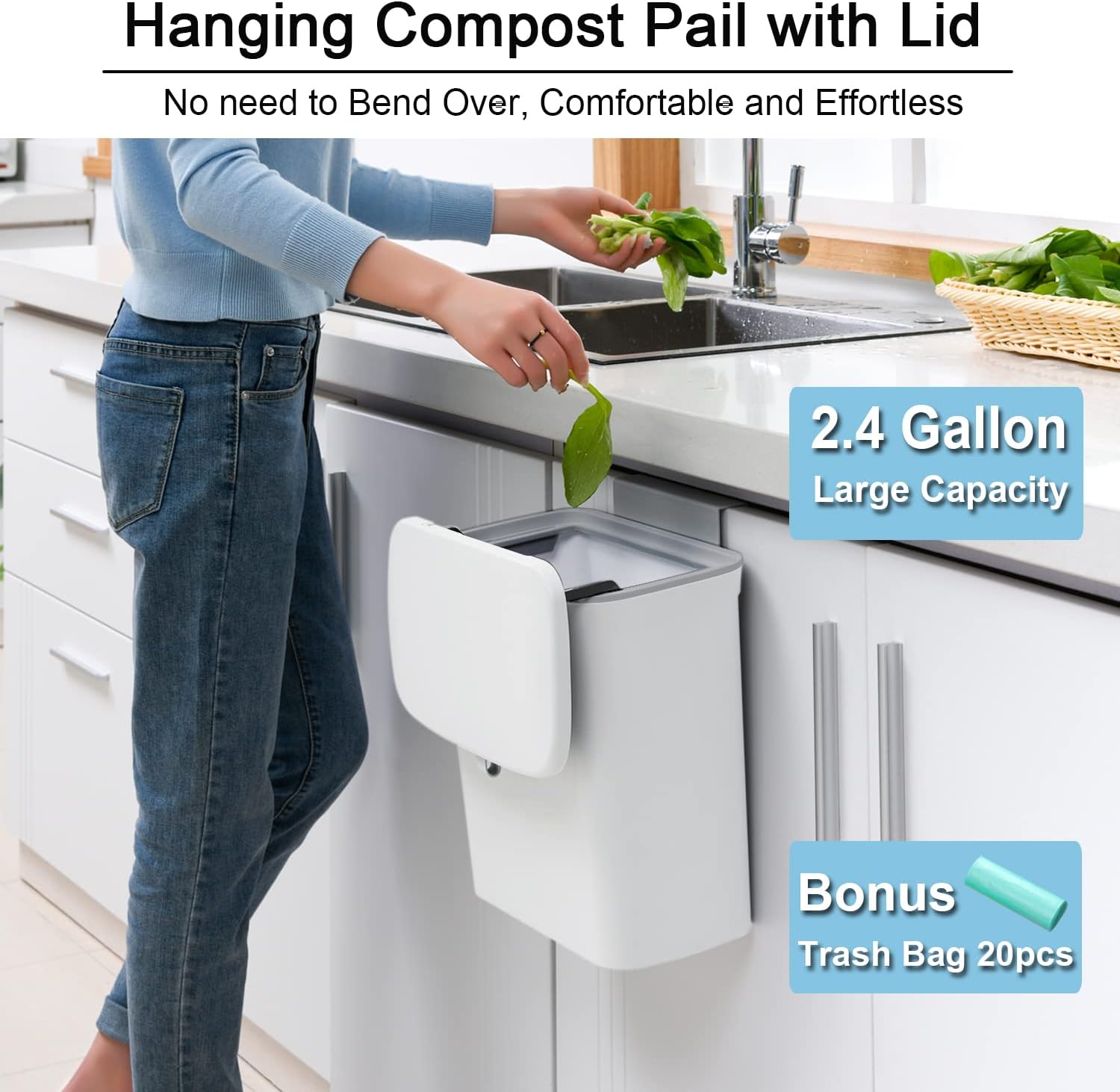 Kitchen Compost Bin with Rolling Airtight Lid and Mounting Hooks, 2.4 Gallon