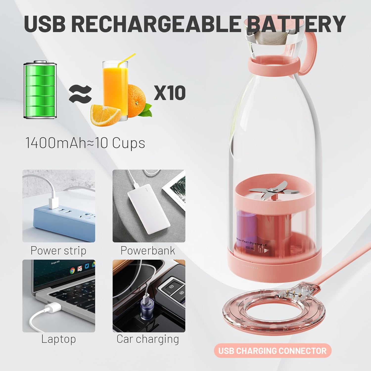 Portable Blender with Four-Blade System and Wireless Charging, 350ml