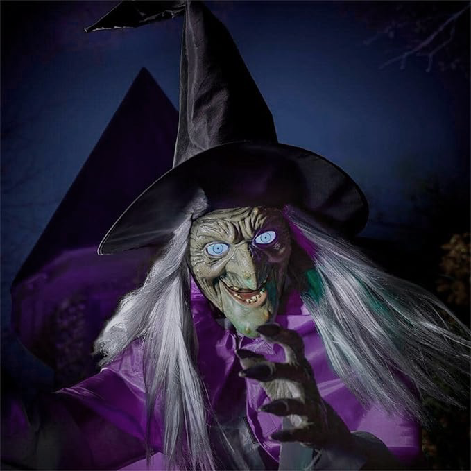 Witch Yard Decoration 6 Foot Tall with Floating Broom Effect and Scary Face Details