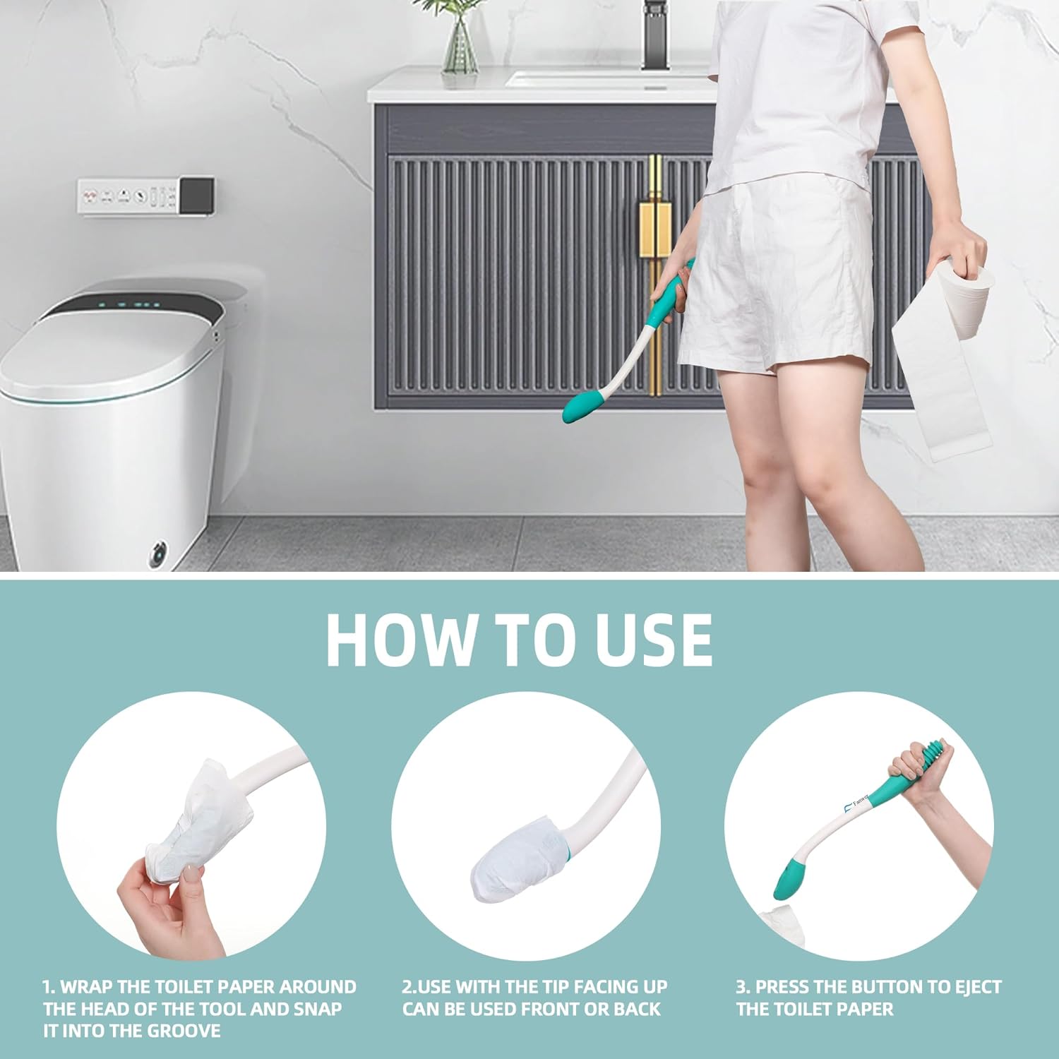 Long Handle Wiping Aid with Release Button and Cushioned Head, 2-Pack