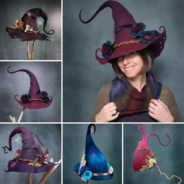 Merino Wool Witch Hat with Hand Dyed Silk Chiffon and Adjustable Fit