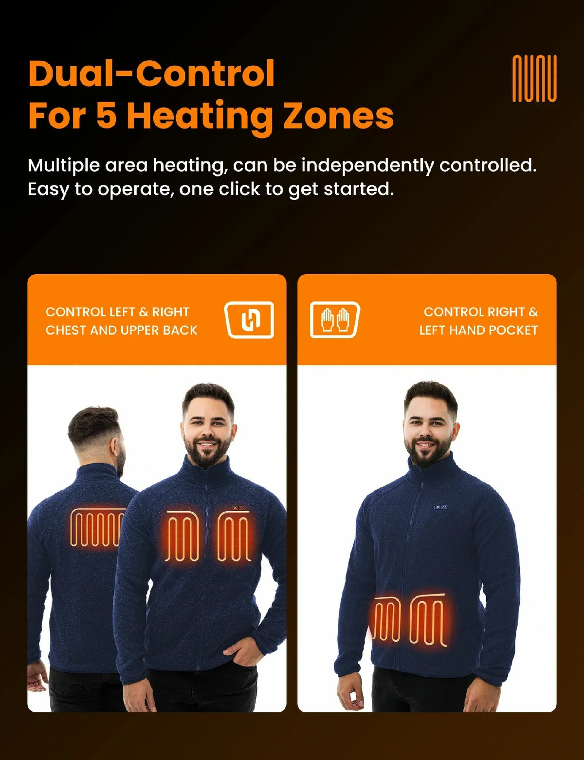 Mens Heated Fleece Jacket with Five Carbon Fiber Zones and Three Heat Levels for Outdoors