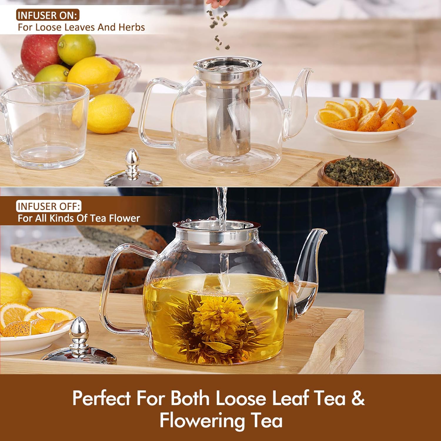Glass Teapot 1000ml with Removable Stainless Steel Infuser and Non Drip Spout