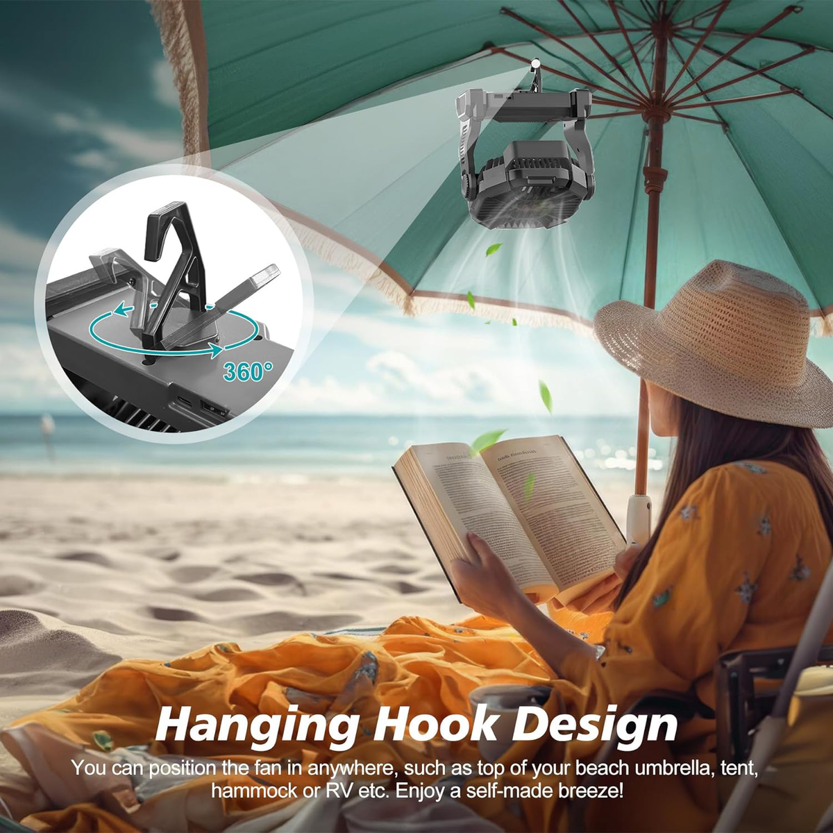 Rechargeable Camping Fan with LED Lantern and 36 Hour Runtime, 270 Rotation