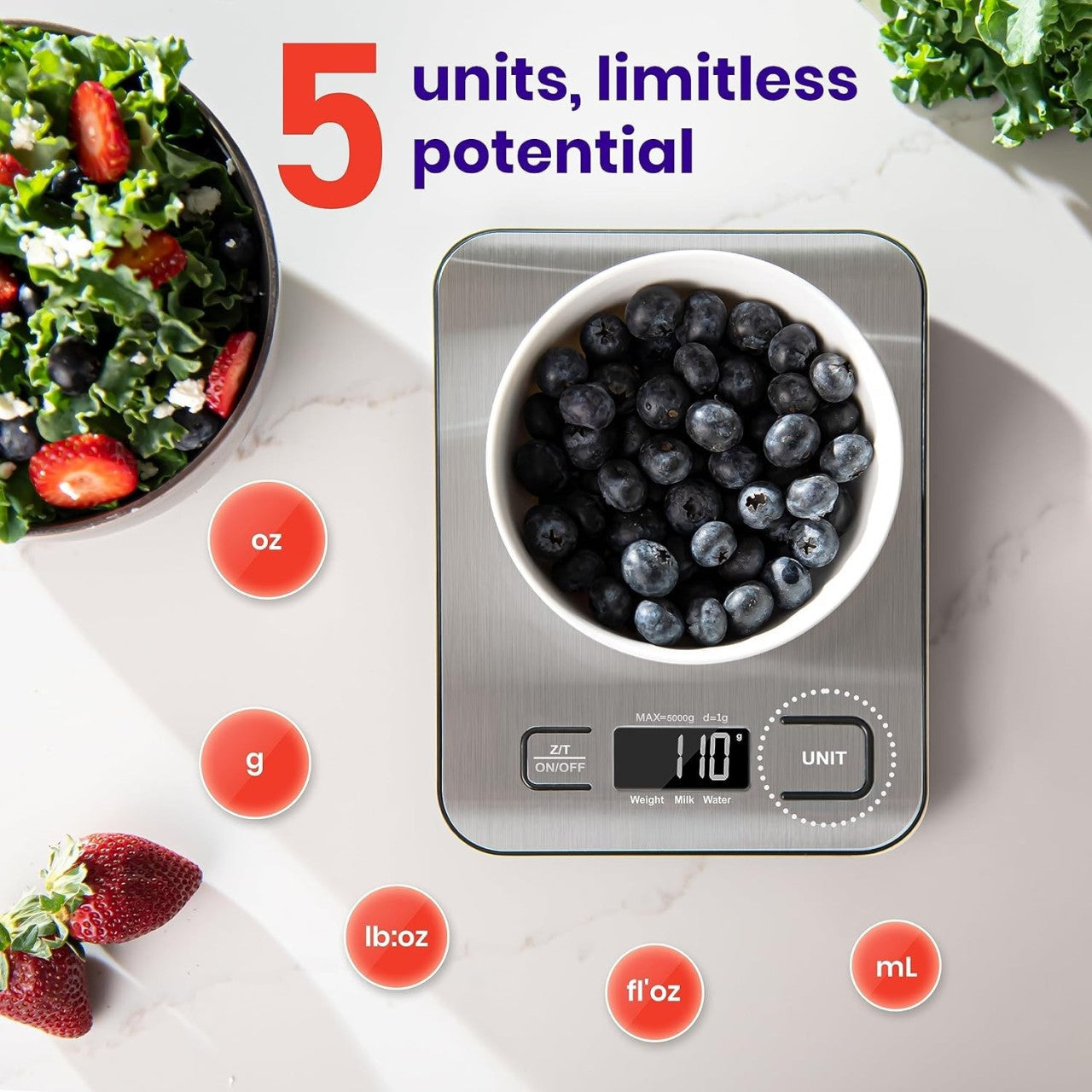 Kitchen Scale with Stainless Steel Platform and Backlit LCD Display, 5kg Capacity