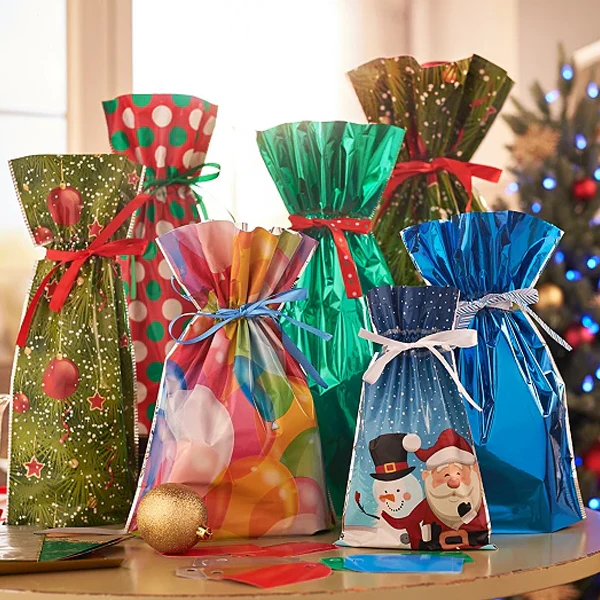 Drawstring Gift Bags with Built-In Ribbon and Holiday Prints, 3 Sizes
