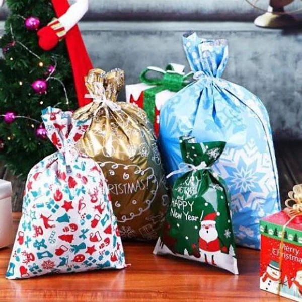 Drawstring Gift Bags with Built-In Ribbon and Holiday Prints, 3 Sizes