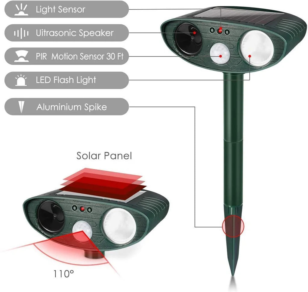 Solar Motion-Activated Animal Repeller with Dual Ultrasonic Speakers and LED Flash, 4-Pack