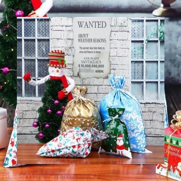 Drawstring Gift Bags with Built-In Ribbon and Holiday Prints, 3 Sizes