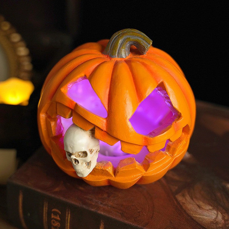 Carved Jack OLantern Resin Ornament with Skull Detail and Freestanding Base