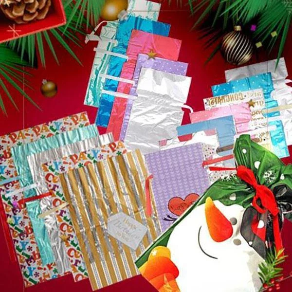 Drawstring Gift Bags with Built-In Ribbon and Holiday Prints, 3 Sizes