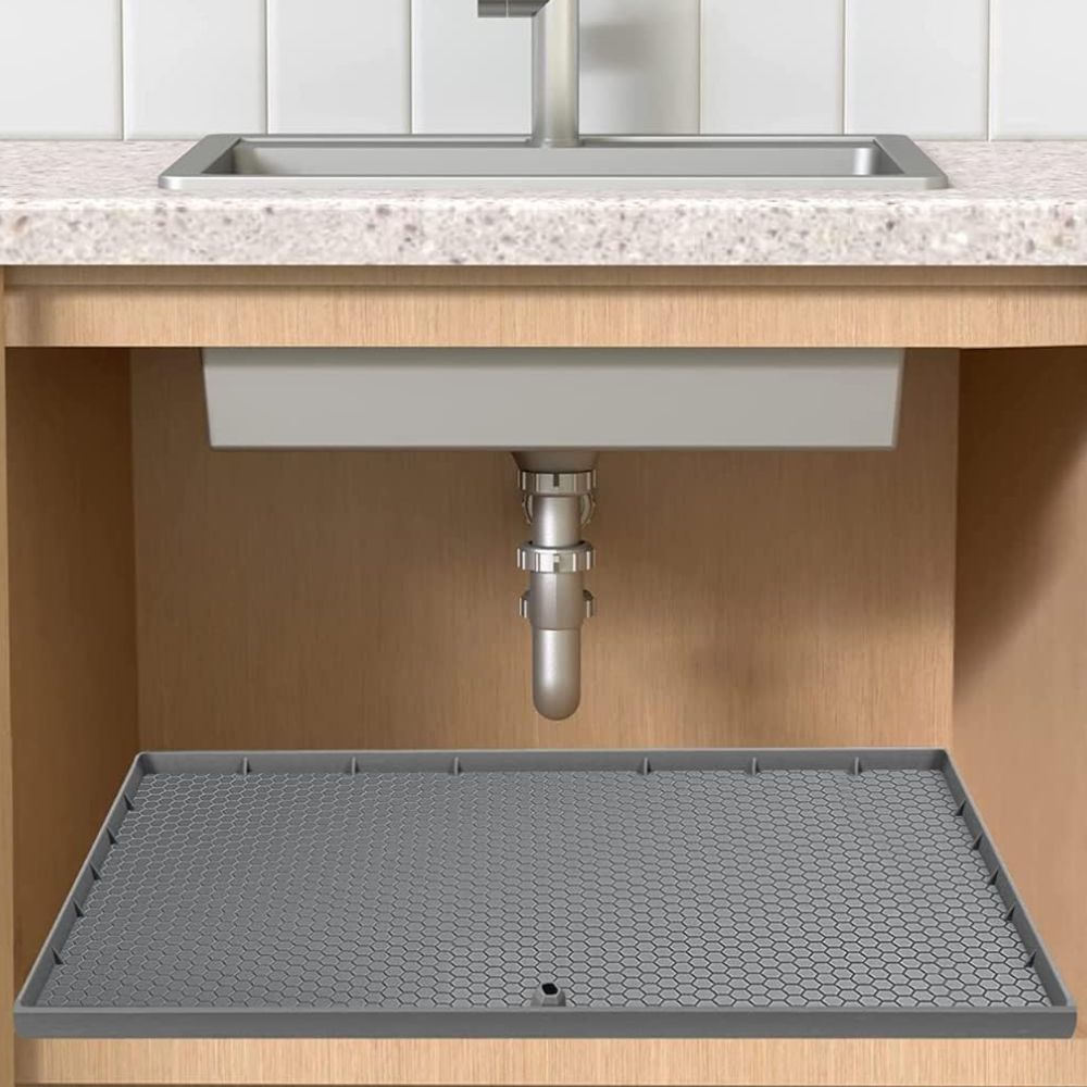 Silicone Under Sink Cabinet Mat with Raised Edges and Trimmable Design